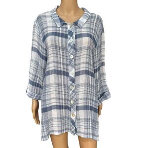 Habitat Linen Button Down Tunic blouse Blue Plaid size L